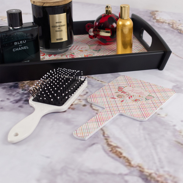 Modern Plaid & Floral Hand Mirror - With Hair Brush