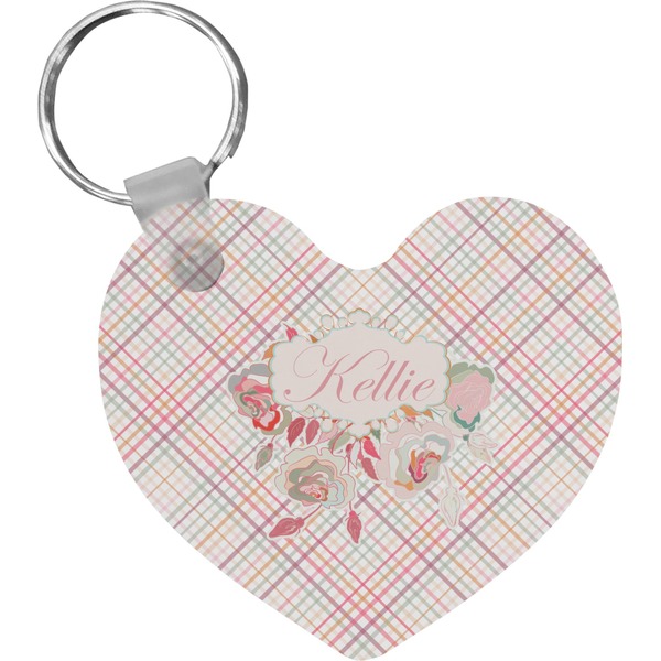Custom Modern Plaid & Floral Heart Plastic Keychain w/ Name or Text