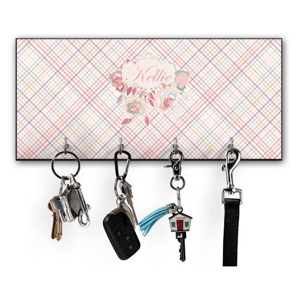 Custom Modern Plaid & Floral Key Hanger w/ 4 Hooks w/ Name or Text