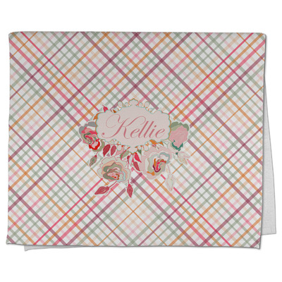 Custom Modern Plaid & Floral Kitchen Towel - Poly Cotton w/ Name or Text