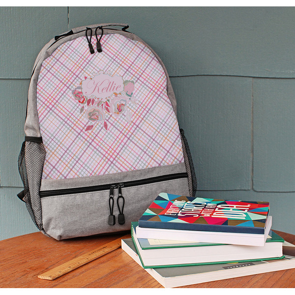 Modern Plaid & Floral Large Backpack - Gray - On Desk