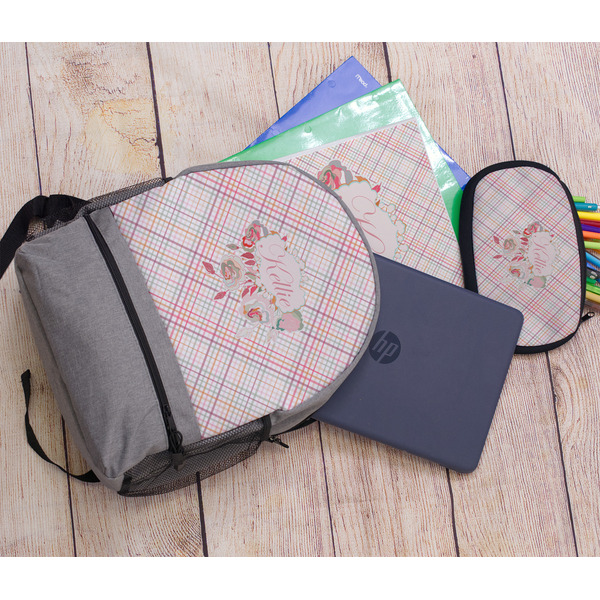 Modern Plaid & Floral Large Backpack - Gray - With Stuff