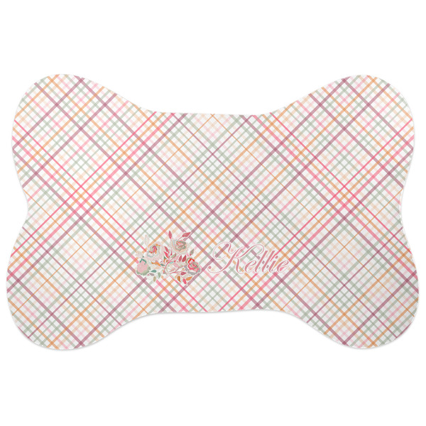 Custom Modern Plaid & Floral Bone Shaped Dog Food Mat (Large) (Personalized)