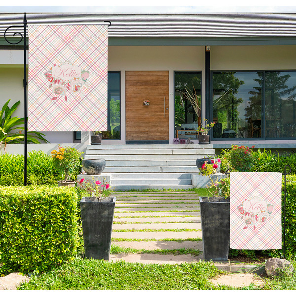 Custom Modern Plaid & Floral Large Garden Flag - Single Sided (Personalized)