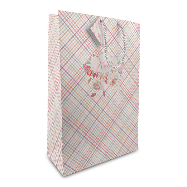 Custom Modern Plaid & Floral Large Gift Bag (Personalized)