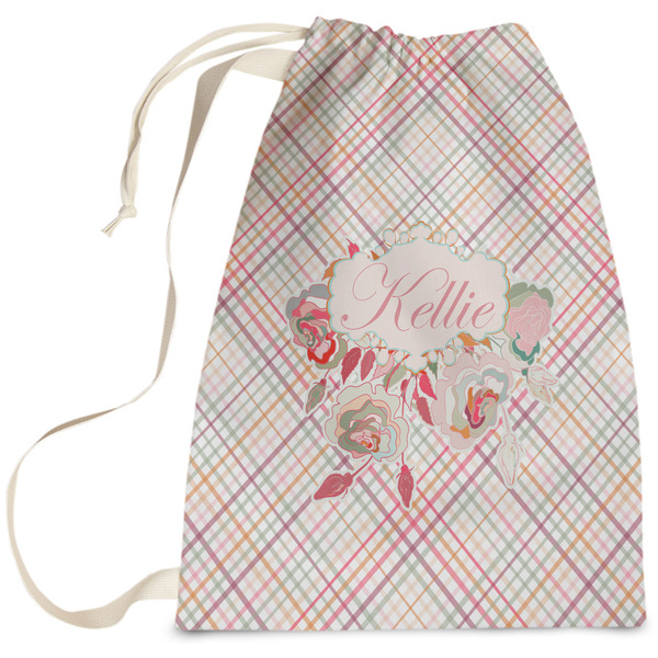 Custom Modern Plaid & Floral Laundry Bag - Large (Personalized)
