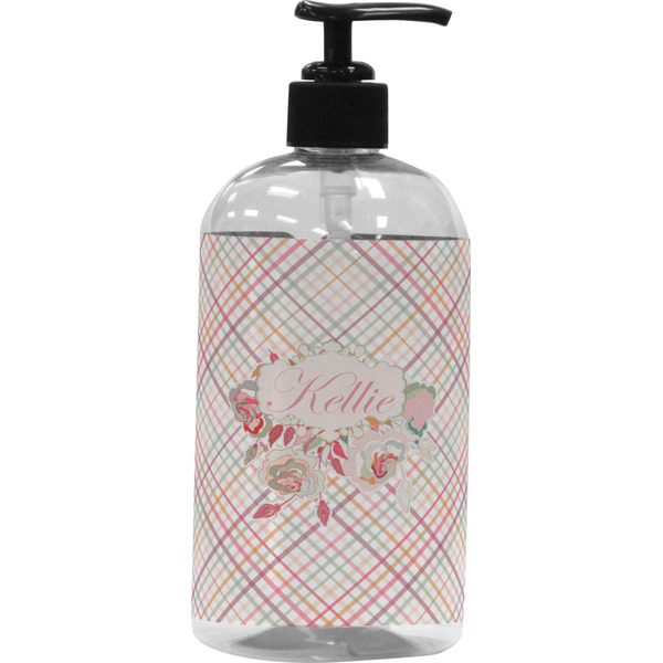 Custom Modern Plaid & Floral Plastic Soap / Lotion Dispenser (16 oz - Large - Black) (Personalized)