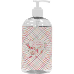 Modern Plaid & Floral Plastic Soap / Lotion Dispenser (16 oz - Large - White) (Personalized)