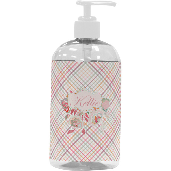 Custom Modern Plaid & Floral Plastic Soap / Lotion Dispenser (16 oz - Large - White) (Personalized)