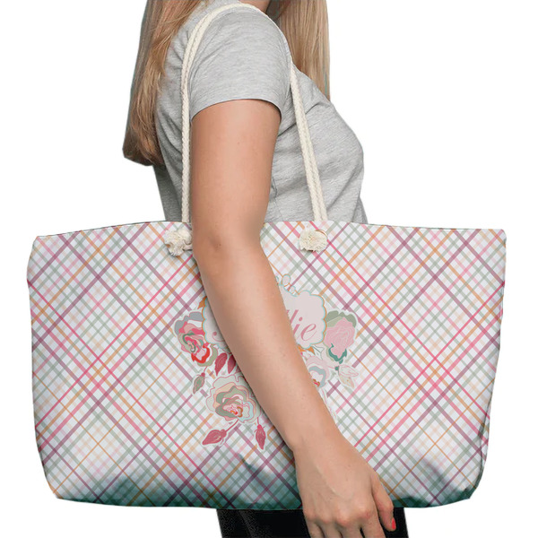 Modern Plaid & Floral Large Rope Tote Bag - In Context View