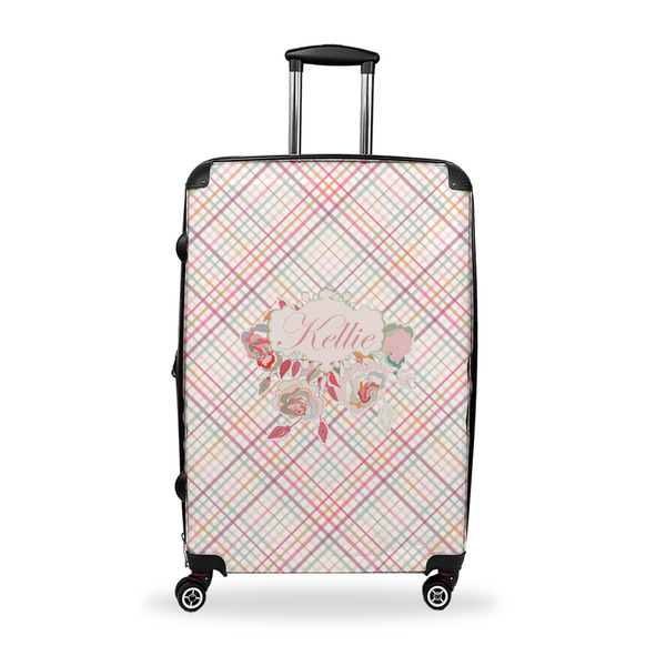 Custom Modern Plaid & Floral Suitcase - 28" Large - Checked w/ Name or Text