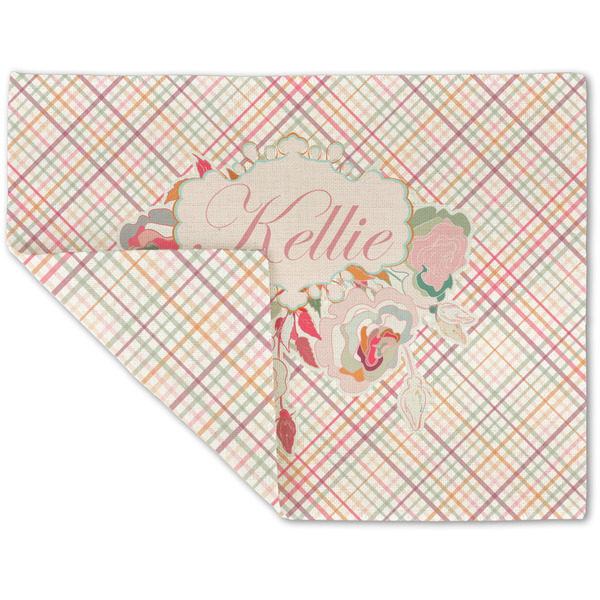 Custom Modern Plaid & Floral Double-Sided Linen Placemat - Single w/ Name or Text