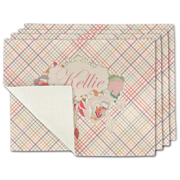 Custom Modern Plaid & Floral Single-Sided Linen Placemat - Set of 4 w/ Name or Text