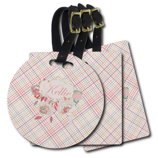 Custom Modern Plaid & Floral Plastic Luggage Tag (Personalized)