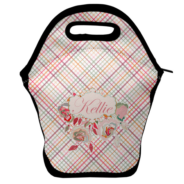 Custom Modern Plaid & Floral Lunch Bag w/ Name or Text
