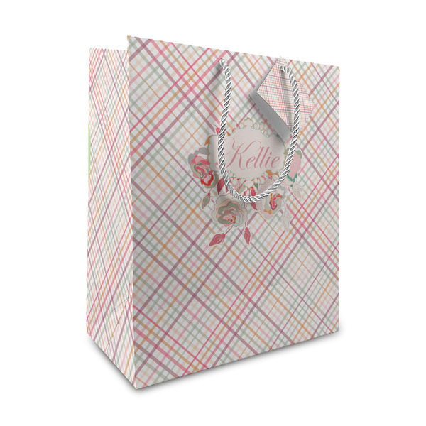 Custom Modern Plaid & Floral Medium Gift Bag (Personalized)