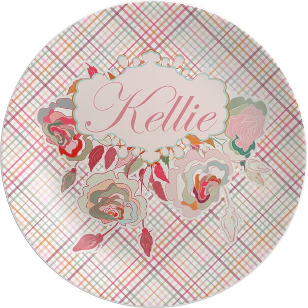 Custom Modern Plaid & Floral Melamine Plate (Personalized)