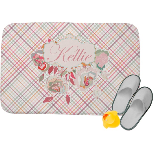 Custom Modern Plaid & Floral Memory Foam Bath Mat (Personalized)