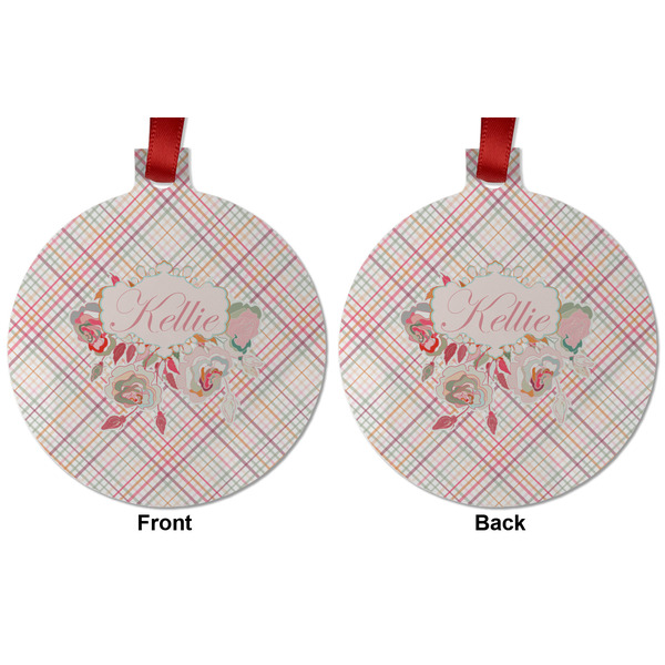 Modern Plaid & Floral Metal Ball Ornament - Front and Back