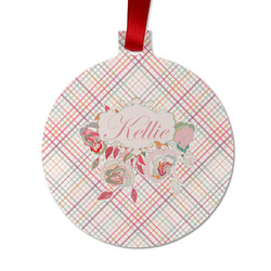 Modern Plaid & Floral Metal Ball Ornament - Double Sided w/ Name or Text
