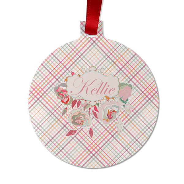 Custom Modern Plaid & Floral Metal Ball Ornament - Double Sided w/ Name or Text
