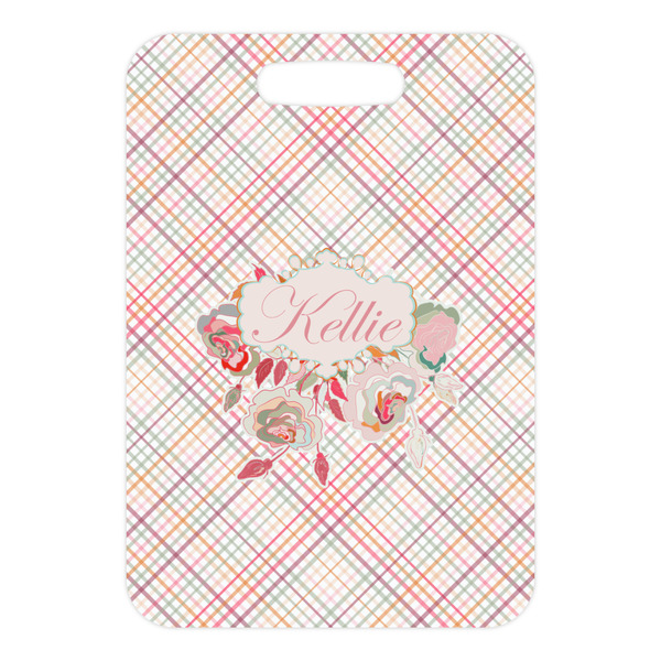 Modern Plaid & Floral Metal Luggage Tag - Front Without Strap