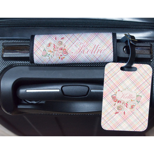 Modern Plaid & Floral Metal Luggage Tag & Handle Wrap - In Context
