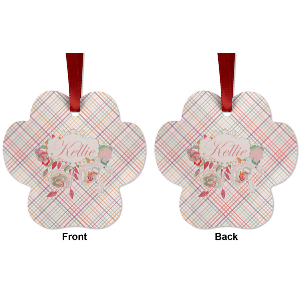Modern Plaid & Floral Metal Paw Ornament - Front and Back