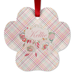 Modern Plaid & Floral Metal Paw Ornament - Double Sided w/ Name or Text