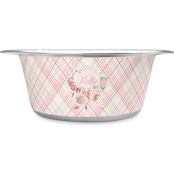 Custom Modern Plaid & Floral Stainless Steel Dog Bowl - Large (Personalized)