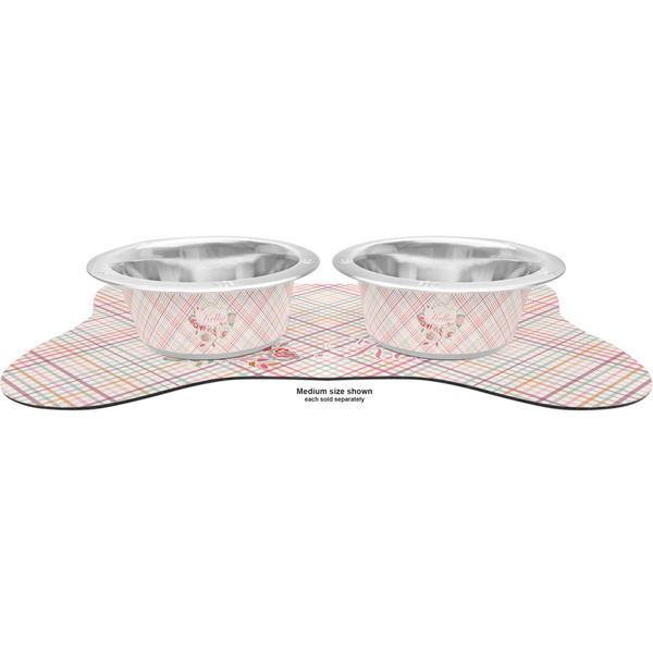 Modern Plaid & Floral Metal Pet Bowls - On Dog Bone Shaped Mat