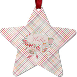 Modern Plaid & Floral Metal Star Ornament - Double Sided w/ Name or Text