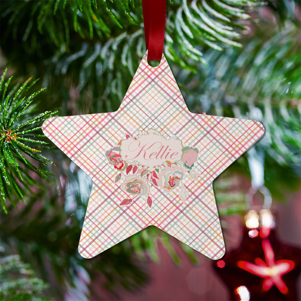 Modern Plaid & Floral Metal Star Ornament - Lifestyle