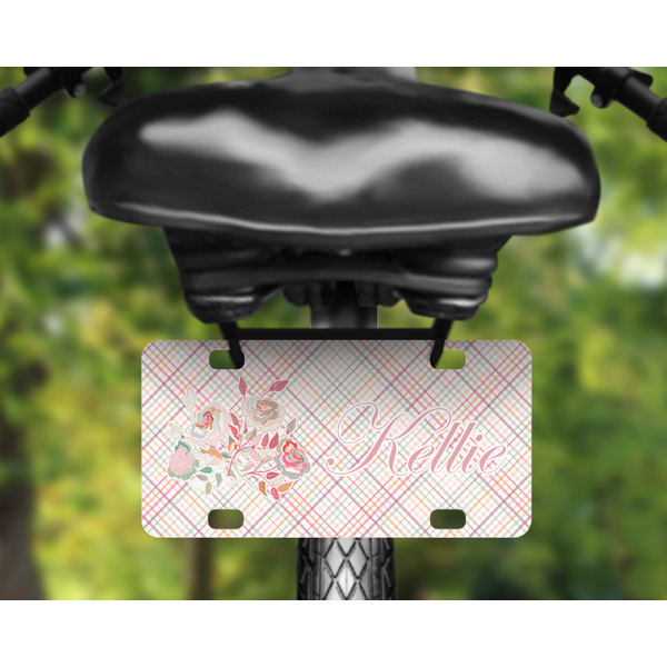 Modern Plaid & Floral Mini License Plate on Bicycle