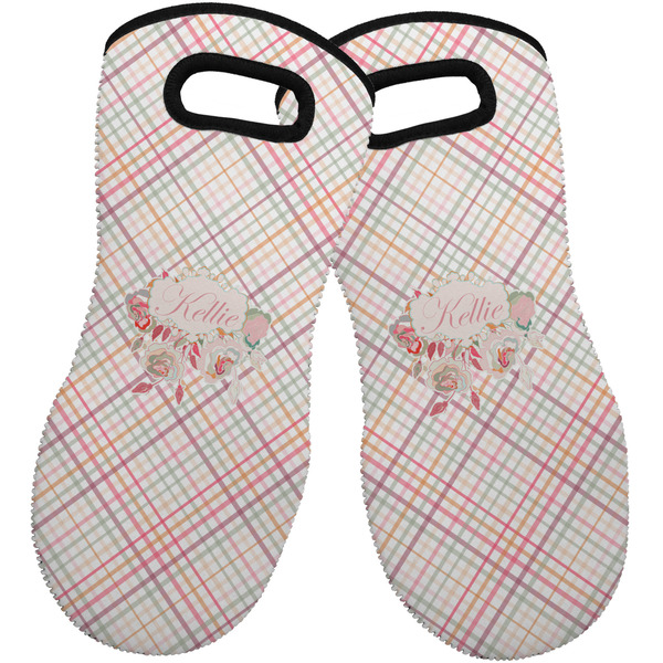 Custom Modern Plaid & Floral Neoprene Oven Mitts - Set of 2 w/ Name or Text