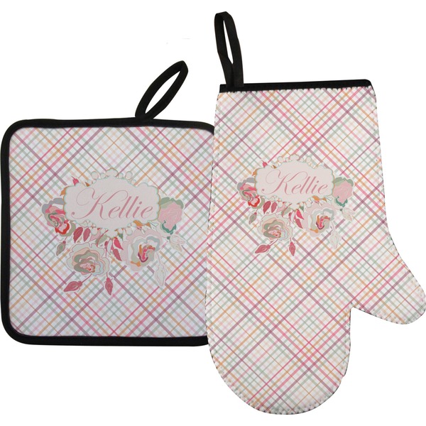 Custom Modern Plaid & Floral Oven Mitt & Pot Holder Set w/ Name or Text