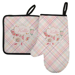 Modern Plaid & Floral Left Oven Mitt & Pot Holder Set w/ Name or Text