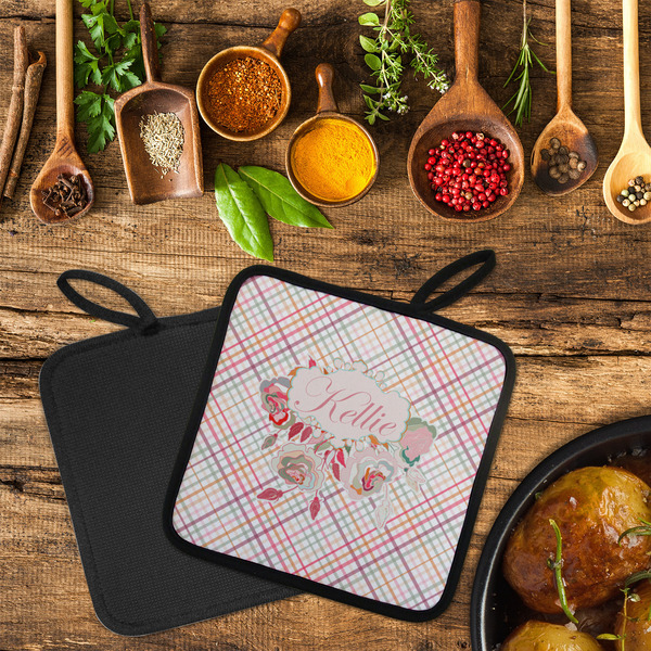 Modern Plaid & Floral Neoprene Pot Holder - Set of 2  LIFESTYLE (Flatlay)