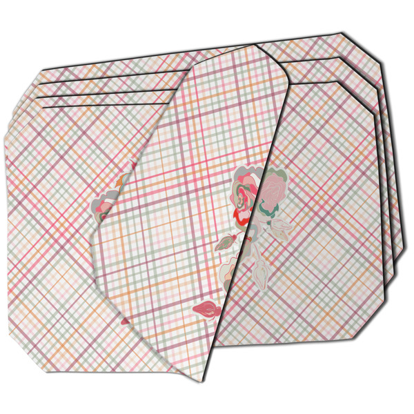 Custom Modern Plaid & Floral Dining Table Mat - Octagon - Set of 4 (Double-SIded) w/ Name or Text