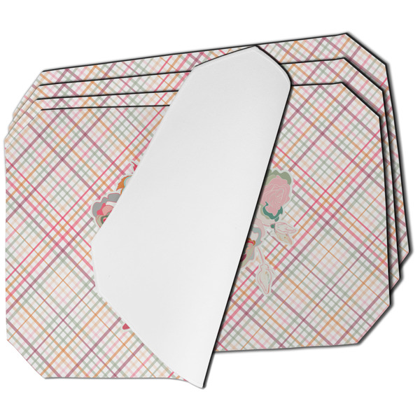 Custom Modern Plaid & Floral Dining Table Mat - Octagon - Set of 4 (Single-Sided) w/ Name or Text