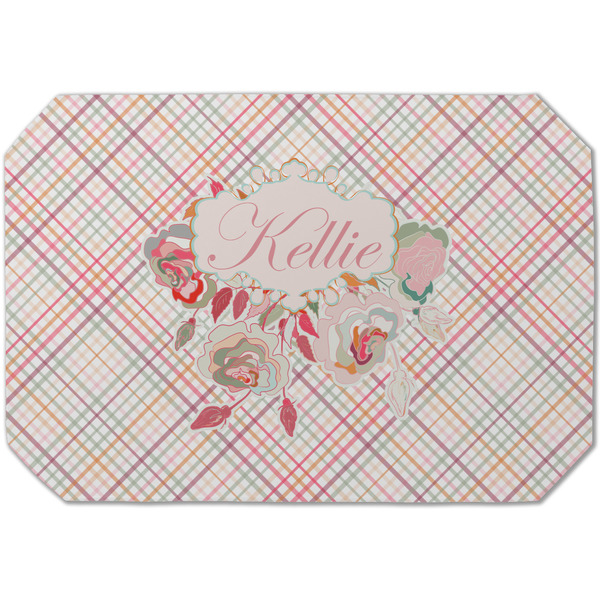 Custom Modern Plaid & Floral Dining Table Mat - Octagon (Single-Sided) w/ Name or Text