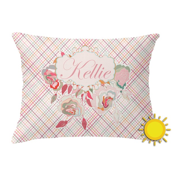 Custom Modern Plaid & Floral Outdoor Throw Pillow (Rectangular) (Personalized)