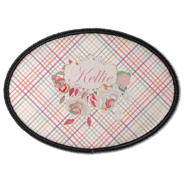 Custom Modern Plaid & Floral Iron On Oval Patch w/ Name or Text