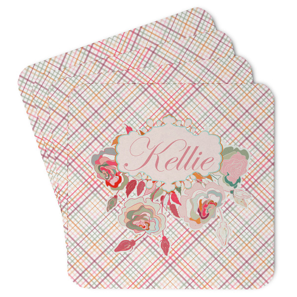 Custom Modern Plaid & Floral Paper Coasters w/ Name or Text