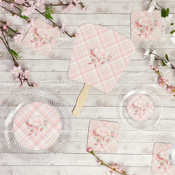Modern Plaid & Floral Party Supplies Combination Image - All items - Plates, Coasters, Fans