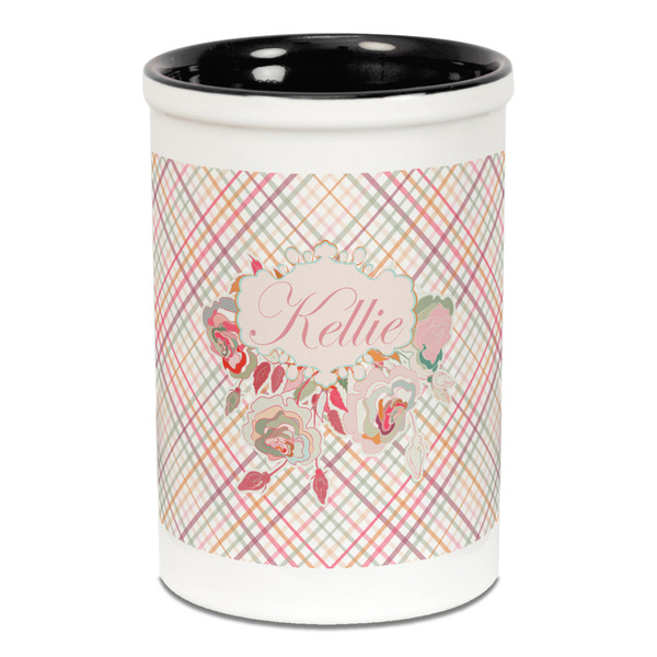 Modern Plaid & Floral Pencil Holder - Black