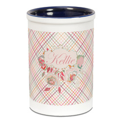 Modern Plaid & Floral Ceramic Pencil Holders - Blue