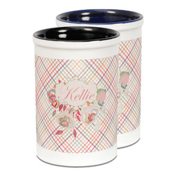 Modern Plaid & Floral Ceramic Pencil Holder - Large