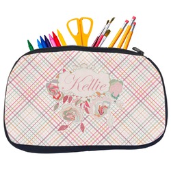 Modern Plaid & Floral Neoprene Pencil Case - Medium w/ Name or Text