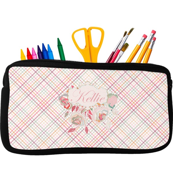 Custom Modern Plaid & Floral Neoprene Pencil Case - Small w/ Name or Text